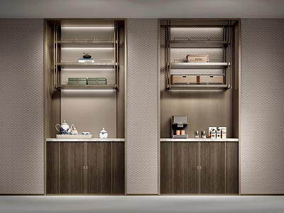 Modern Sleek Wooden Sideboard Featuring Open Shelves And Storage Cabinets In Dining Room 3d model