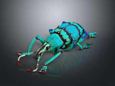 Green and Blue Patterned Beetle with Long Antennae and Detailed Legs on Dark Background 3d model