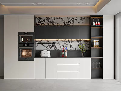 Modern Kitchen Sideboard Design With Marble Backsplash Black White Cabinets And Potted Plant 3d model