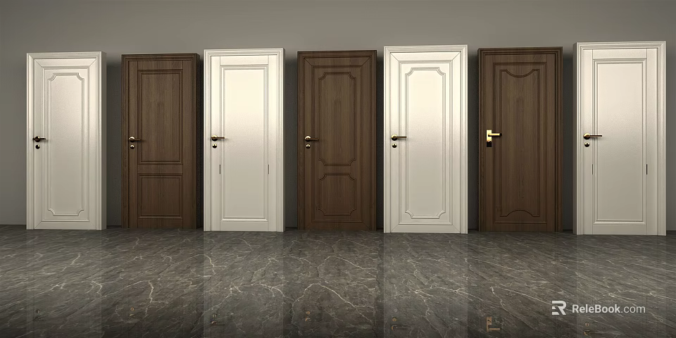 Various Styles of Hinged Doors in White and Wooden with Decorative Panels 3d model 