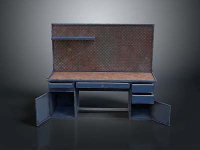 Vintage Industrial Desk With Wooden Top Blue Drawers Grid Backboard And Upper Shelf 3d model