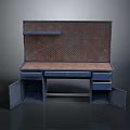 Vintage Industrial Desk With Wooden Top Blue Drawers Grid Backboard And Upper Shelf