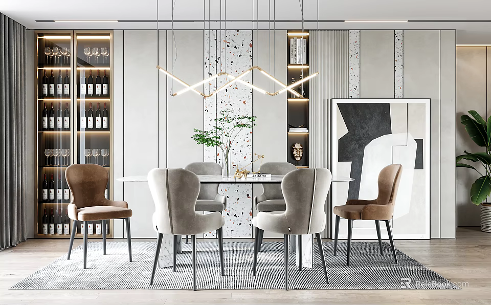 Modern Dining Table Set With Geometric Pendant Lights Chairs And Abstract Artwork 3d model