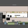 Modern Living and Dining Area With Light Colored Cabinets Green Gray Seating And Lighting Strips