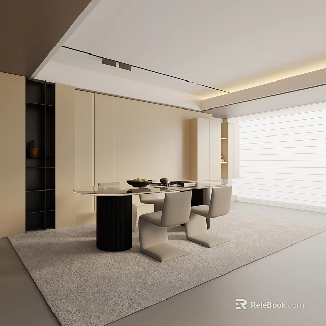 Modern Dining Interior With Glass Top Dining Table Set Black Base And Light Chairs 3d model