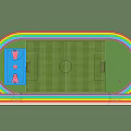 Soccer Field With Rainbow Colored Track Basketball Court And Green Trees Background