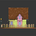 Colorful Cartoon House Scene With Red Roof Chimney Wooden Fence And Lawn Lamp Post
