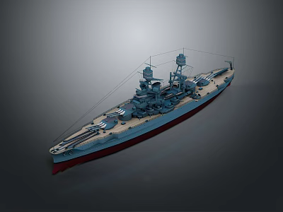 Detailed 3D Battleship Model With Gray Hull Red Bottom And Turrets 3d model