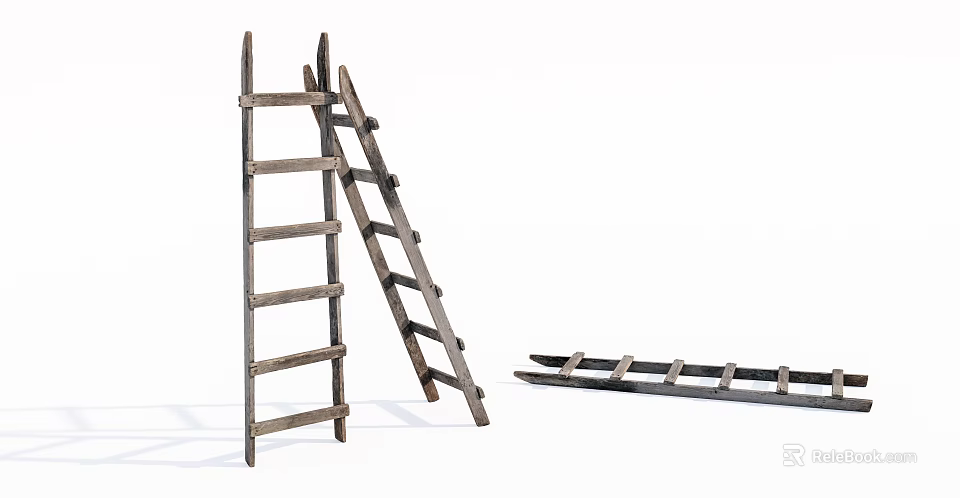 Vintage Wooden Ladders One Standing One Leaning Against And One Lying Flat 3d model 