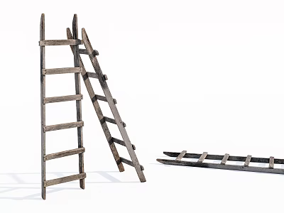 Vintage Wooden Ladders One Standing One Leaning Against And One Lying Flat 3d model