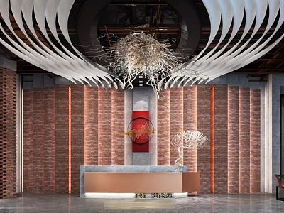Modern Store Front Desk With White Wavy Ceiling Red Brick Vertical Striped Wall And Chandelier 3d model
