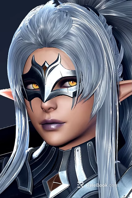 Game Movie Fantasy Elf Character With Silver Long Hair Pointed Ears Silver Mask Yellow Eyes 3d model 