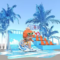 Summer Themed Photo Check In Spot With Blue Palm Trees Cartoon Figure And Traffic Cones