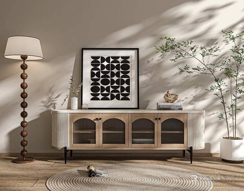 Modern TV Stand Interior Design With Glass Doors Floor Lamp Decorative Painting And Green Plant 3d model 