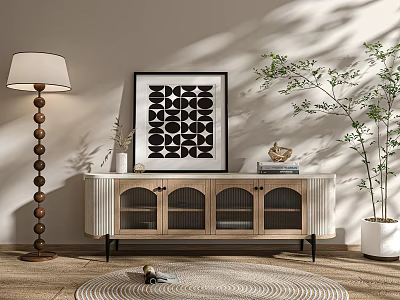 Modern TV Stand Interior Design With Glass Doors Floor Lamp Decorative Painting And Green Plant 3d model