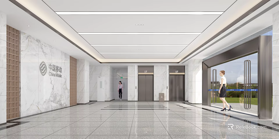 Modern Elevator Hallway Interior Design With Marble Walls Bright Lighting And Elevator Doors 3d model