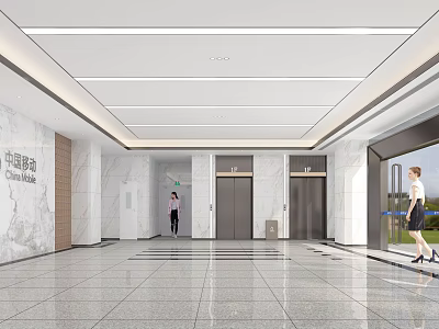 Modern Elevator Hallway Interior Design With Marble Walls Bright Lighting And Elevator Doors 3d model
