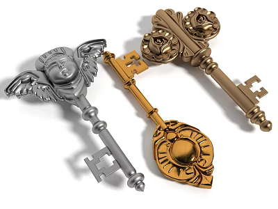Vintage Decorative Key Pendants with Angel Head Rose Patterns and Metallic Silver Gold Bronze Finishes 3d model