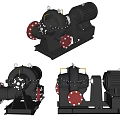 Industrial Pumps Three Different Angles With Black Design Red Flanges And Motor Components