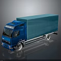 Blue Volvo Commercial Truck With Enclosed Cargo Box On Reflective Surface