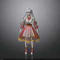 Anime 3D Character Model With White Hair Red White Dress Golden Trim And Red Shoes