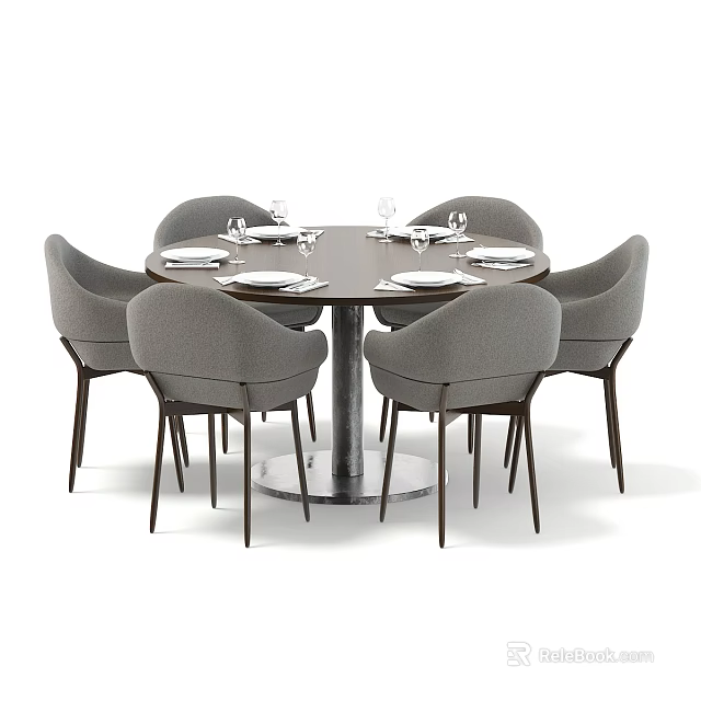 Modern Round Dining Table Set With Gray Chairs Plates And Glasses 3d model 