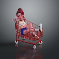 Game Character With Pink Hair Sitting In Red Shopping Cart White Top And Blue Shorts