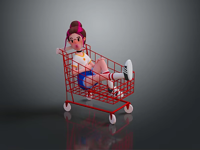 Game Character With Pink Hair Sitting In Red Shopping Cart White Top And Blue Shorts 3d model