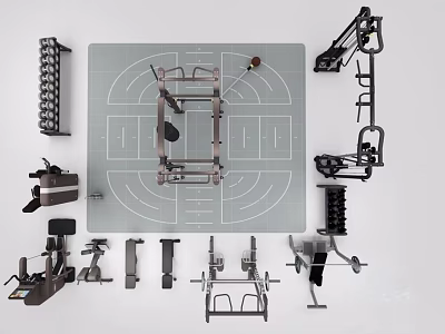 Sports Equipment Display With Basketball Court Layout And Weight Training Tools 3d model