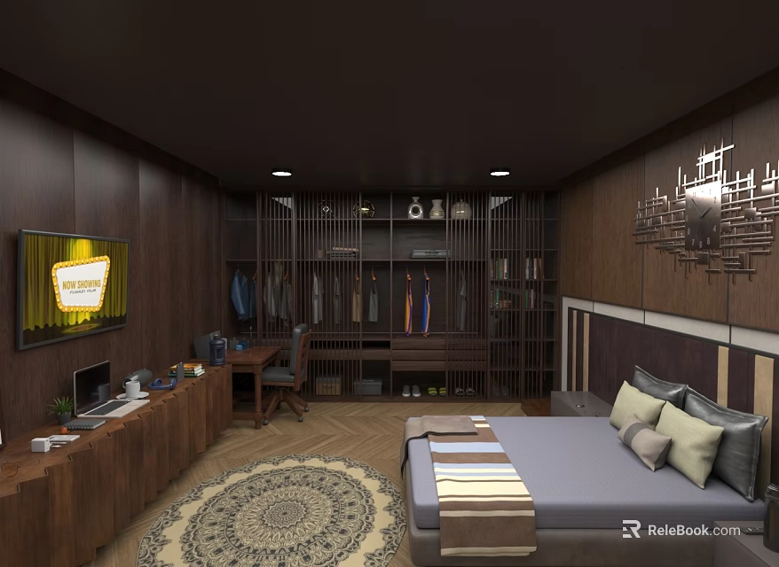 Man in cozy bedroom with dark brown wood walls TV study desk and patterned rug 3d model 