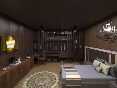 Man in cozy bedroom with dark brown wood walls TV study desk and patterned rug 3d model