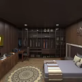 Man in cozy bedroom with dark brown wood walls TV study desk and patterned rug