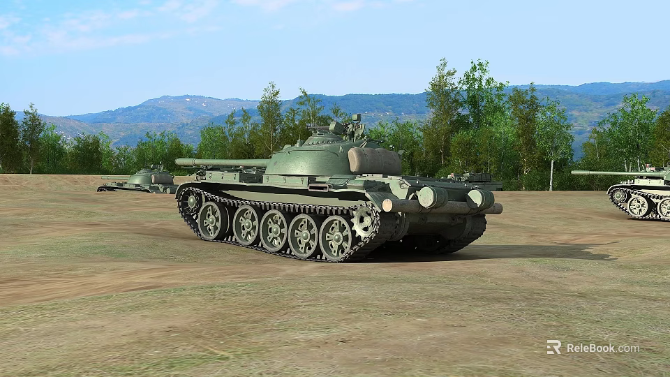 Green Military Tank in Field with Trees Mountains and Another Tank in Background 3d model 