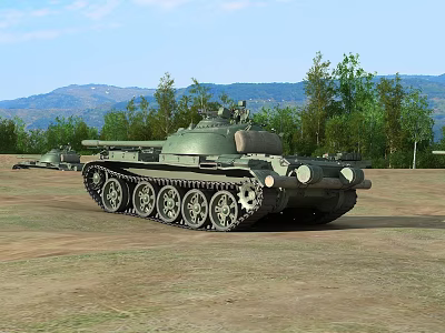 Green Military Tank in Field with Trees Mountains and Another Tank in Background 3d model