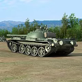 Green Military Tank in Field with Trees Mountains and Another Tank in Background