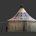 Traditional Tent Shaped Building With Pointed Roof Decorative Patterns And Door Canopy