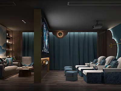 Luxurious SPA Sauna Relaxation Space With Teal Curtains And Comfortable Lounge Chairs 3d model