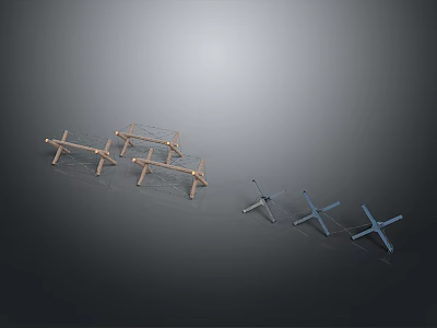 Multiple Metal Cross Shaped Brackets In Gold And Silver Color Arranged On Dark Background 3d model