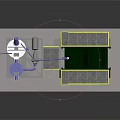 Industrial Processing Equipment Setup With Blue Tank Yellow Railings And Green Unit