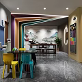 Vibrant Modern Exhibition Space With Colorful Walls Multicolored Chairs Ceiling Lights And Display Shelves