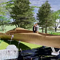 Waterside Landscape With Wooden Bridge Stream Lush Greenery Surrounding Trees And People