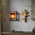 Unique Shaped Wooden Wall Lamps Branch and Square Frame on Grey Wall with Green Plants