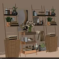 Stylish Cosmetics And Perfume Display Shelves With Plants Towels And Baskets