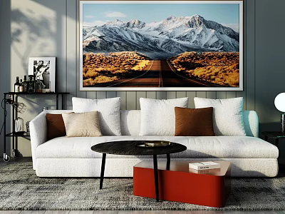 White Three Seater Sofa With Colorful Pillows On Gray Rug And Wall Art Coffee Table 3d model