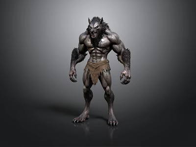 Muscular Furry Werewolf Mythical Creature Standing With Fierce Expression And Tattered Loincloth 3d model