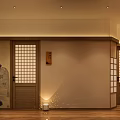 Japanese Style SPA Sauna with Lattice Windows Geisha Wall Art Warm Lighting Wooden Flooring