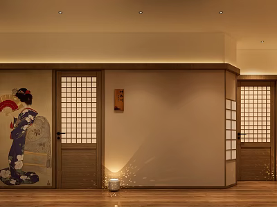 Japanese Style SPA Sauna with Lattice Windows Geisha Wall Art Warm Lighting Wooden Flooring 3d model
