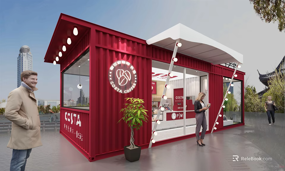 Red Container Building as Costa Coffee Shop with Large Windows White Canopy and Green Plant 3d model 