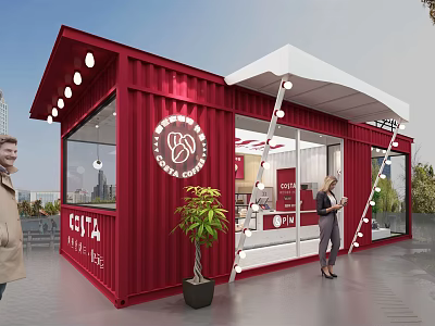 Red Container Building as Costa Coffee Shop with Large Windows White Canopy and Green Plant 3d model