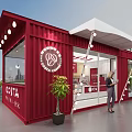 Red Container Building as Costa Coffee Shop with Large Windows White Canopy and Green Plant
